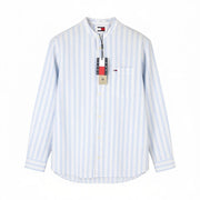 TOMMY HILFIGER Mao Stripe Linen Men Shirt M Blue Mandarin Neck Patch Pocket