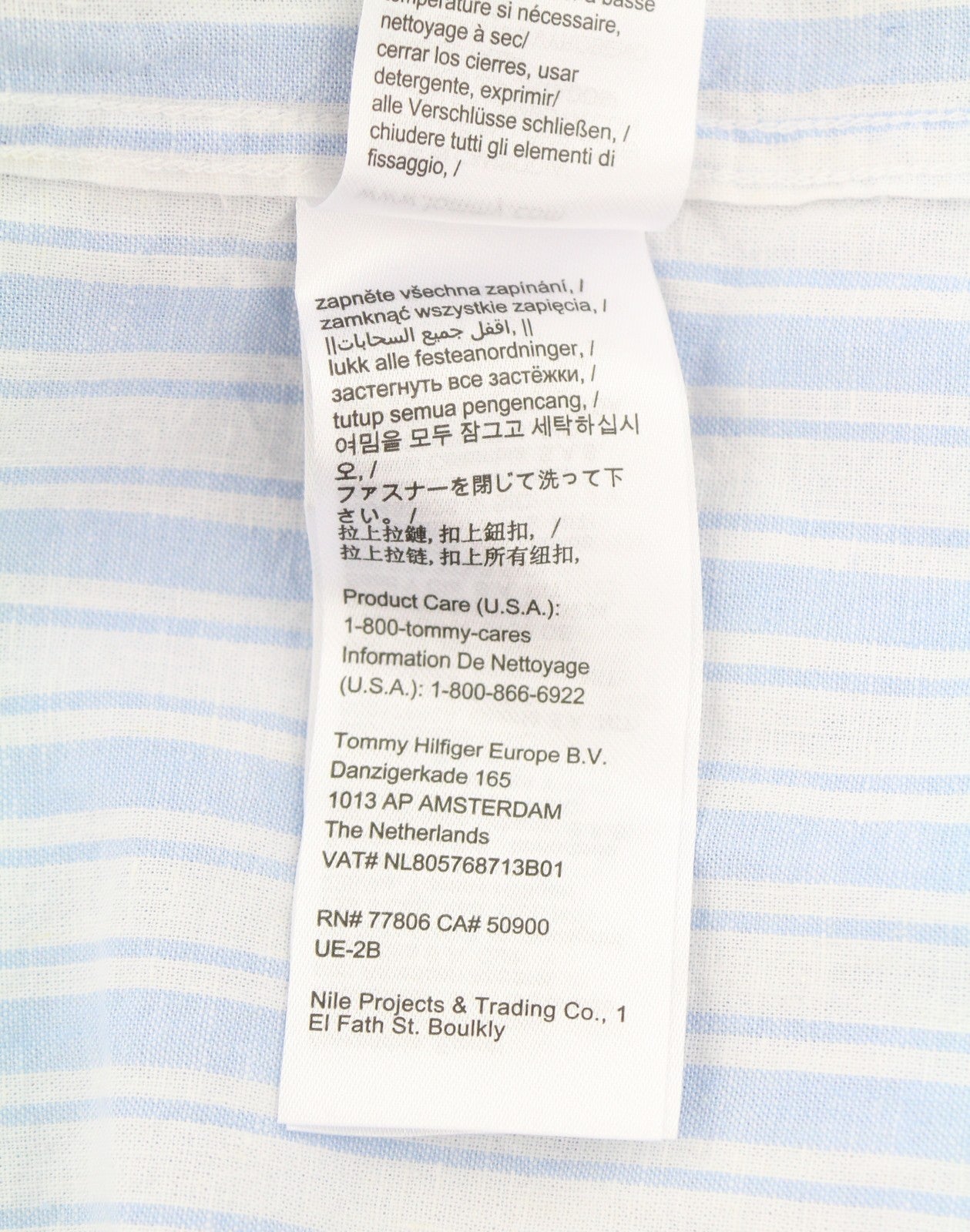 TOMMY HILFIGER Mao Stripe Linen Men Shirt M Blue Mandarin Neck Patch Pocket