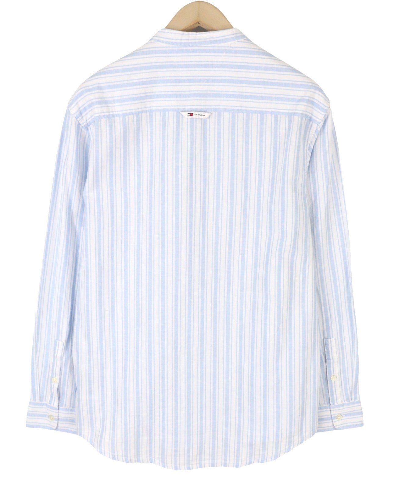 TOMMY HILFIGER Mao Stripe Linen Men Shirt M Blue Mandarin Neck Patch Pocket
