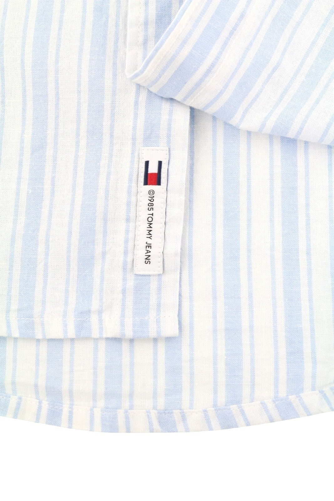 TOMMY HILFIGER Mao Stripe Linen Men Shirt M Blue Mandarin Neck Patch Pocket