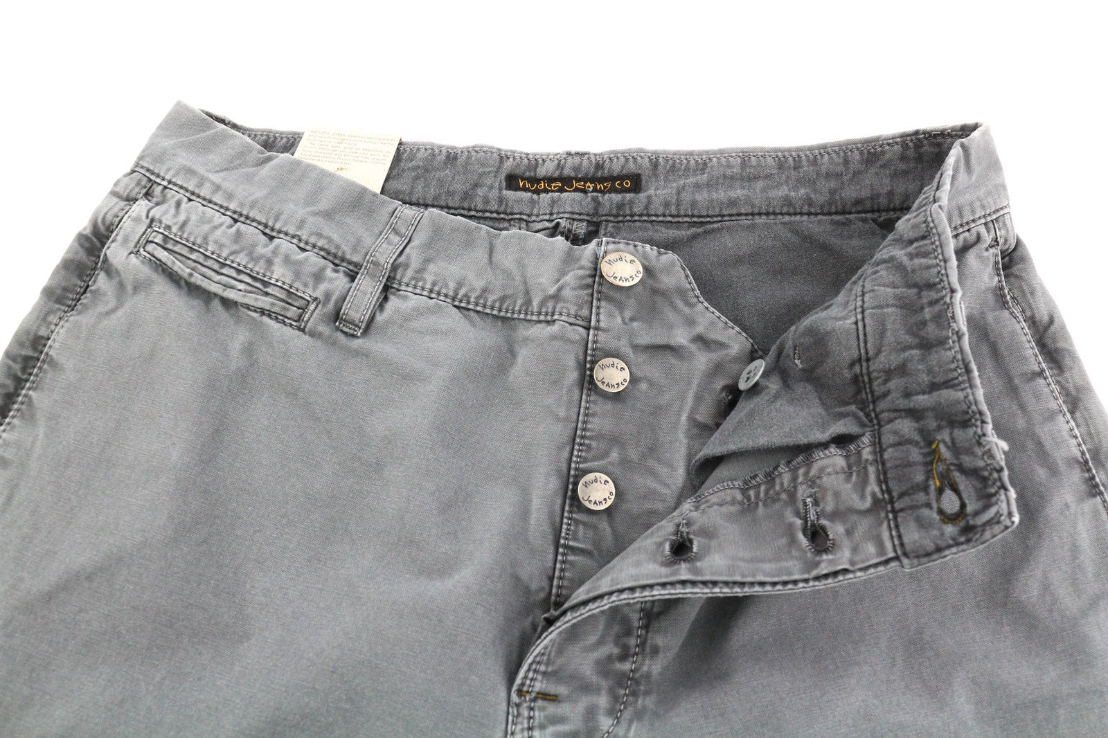 NUDIE JEANS Grey Khaki Men's Trousers W30/L34 Sail Cloth Canvas Look Buttoned