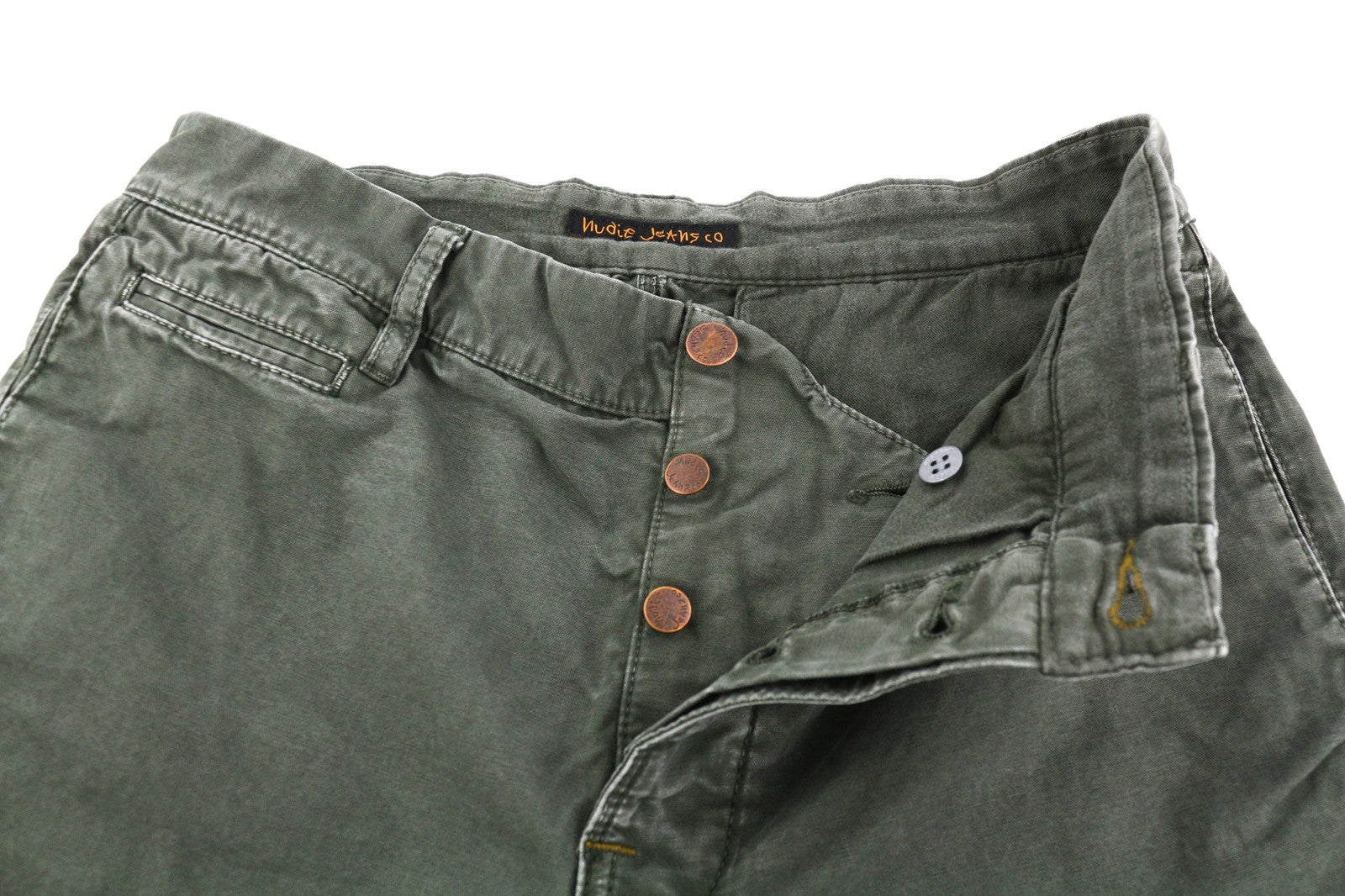NUDIE JEANS Olive Khaki Men's Trousers W30/L34 Organic Crisp Cotton Button Fly
