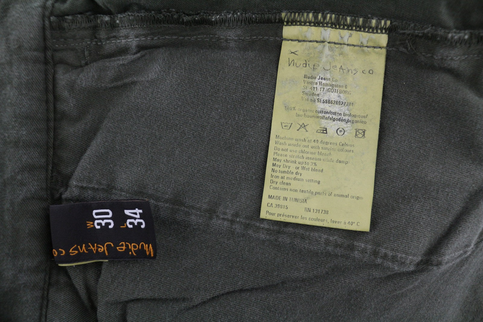 NUDIE JEANS Olive Khaki Men's Trousers W30/L34 Organic Crisp Cotton Button Fly