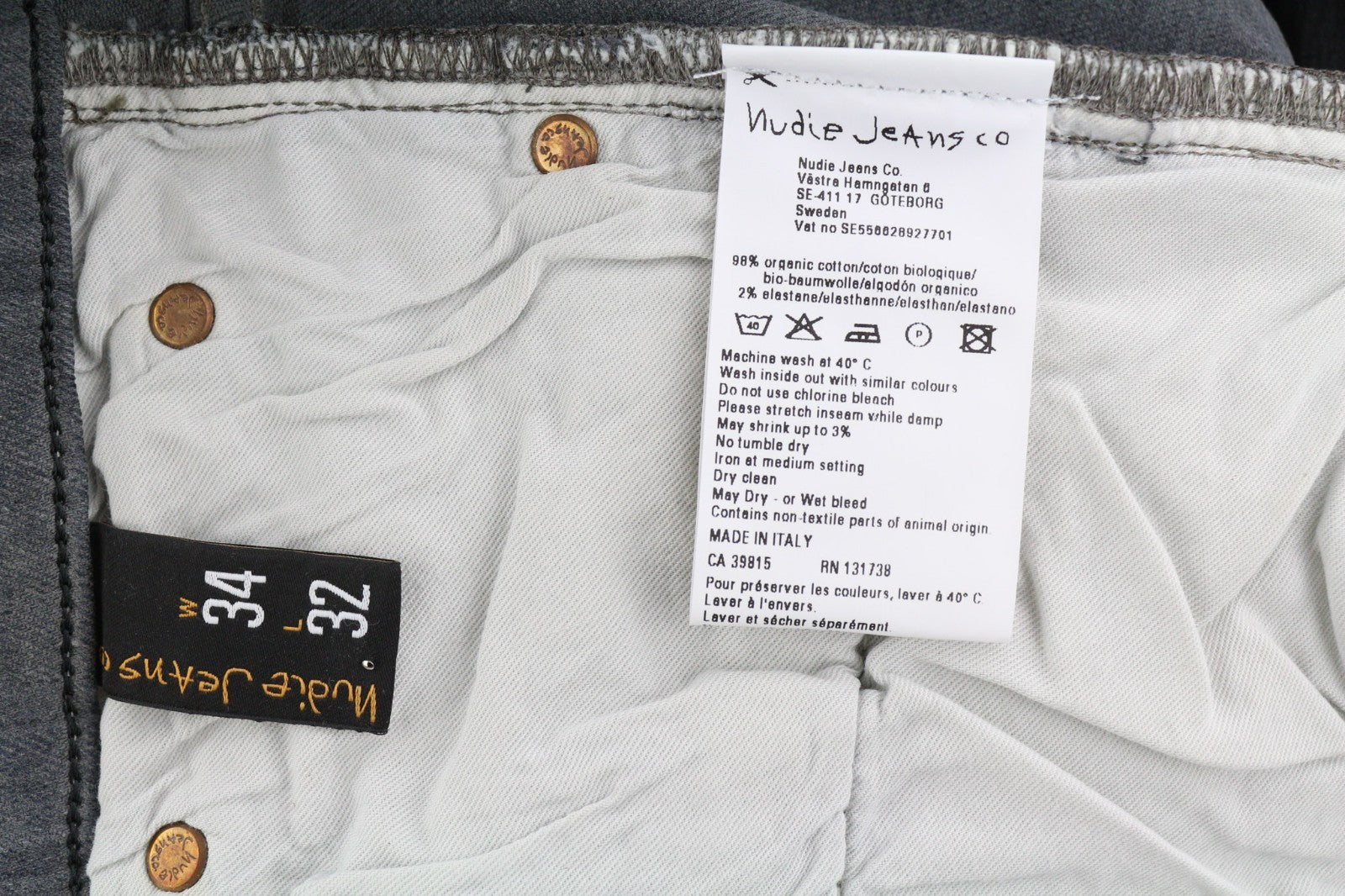 NUDIE JEANS Tight Long John Men's Jeans W34/L32 Charcoal Organic Slim Washed