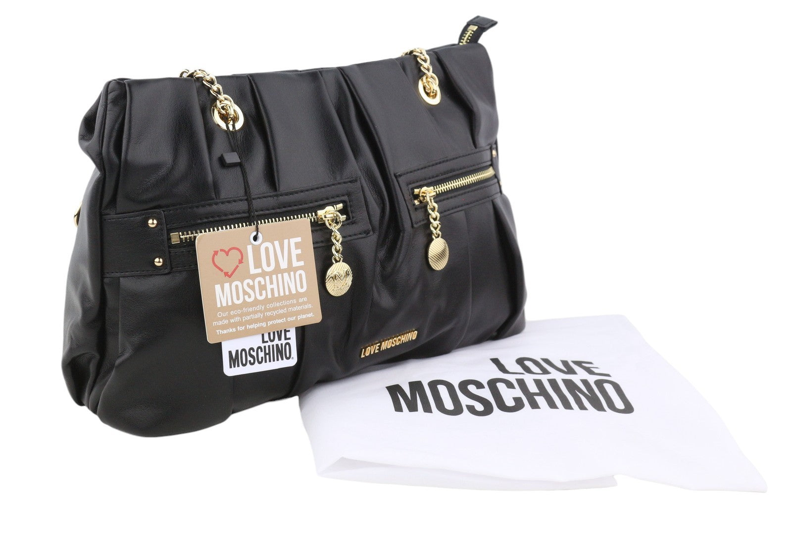 LOVE MOSCHINO Borsa PU Grs Nero Women Bag OS Gold Tone Double Handles RRP219