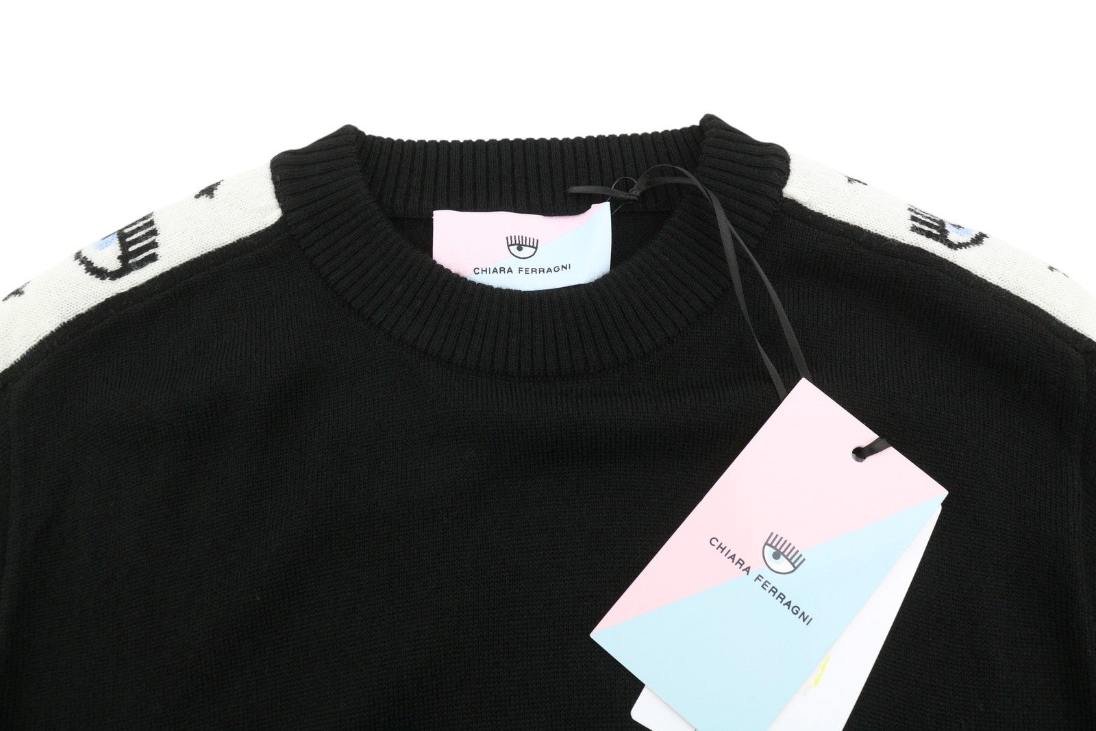 CHIARA FERRAGNI Logomania Tape Women Dress M Black Wool Blend Knit Logo RRP297