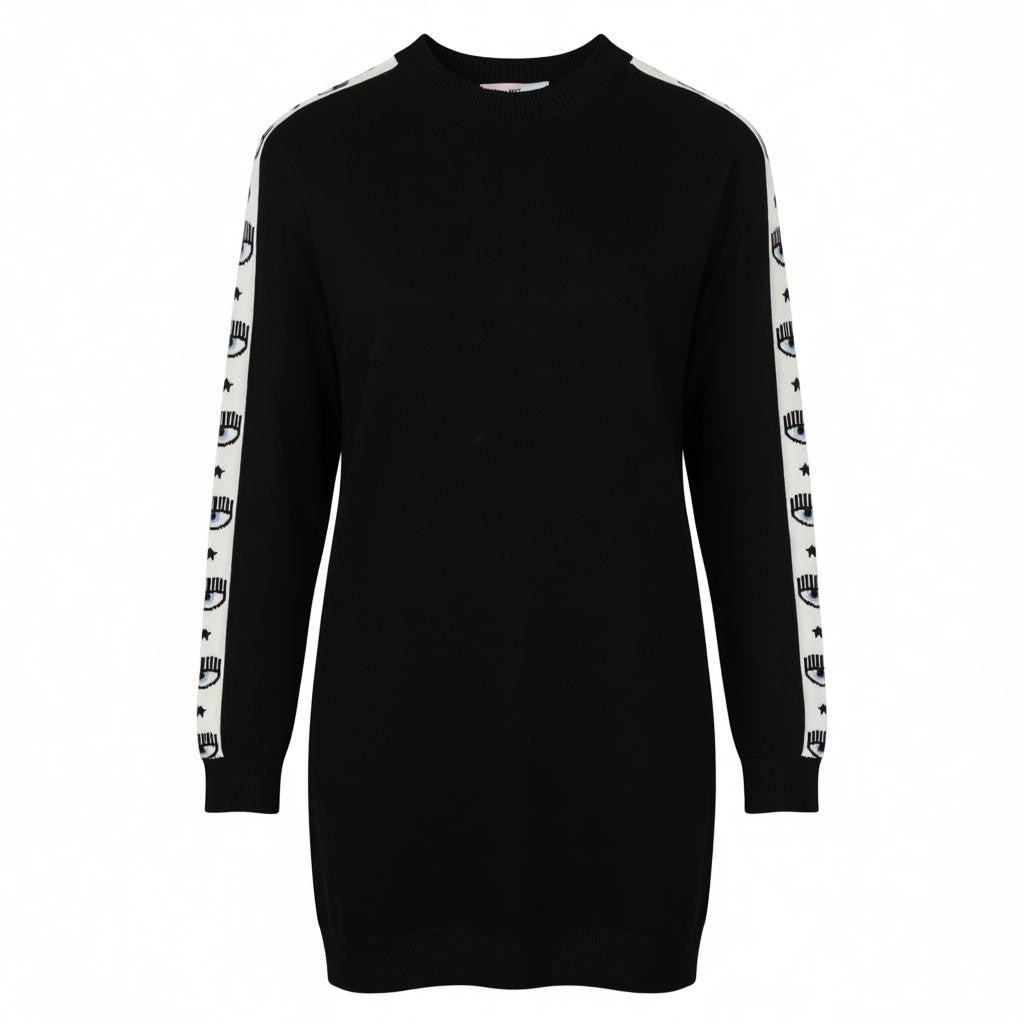 CHIARA FERRAGNI Logomania Tape Women Dress L Black Wool Blend Knit Logo RRP297
