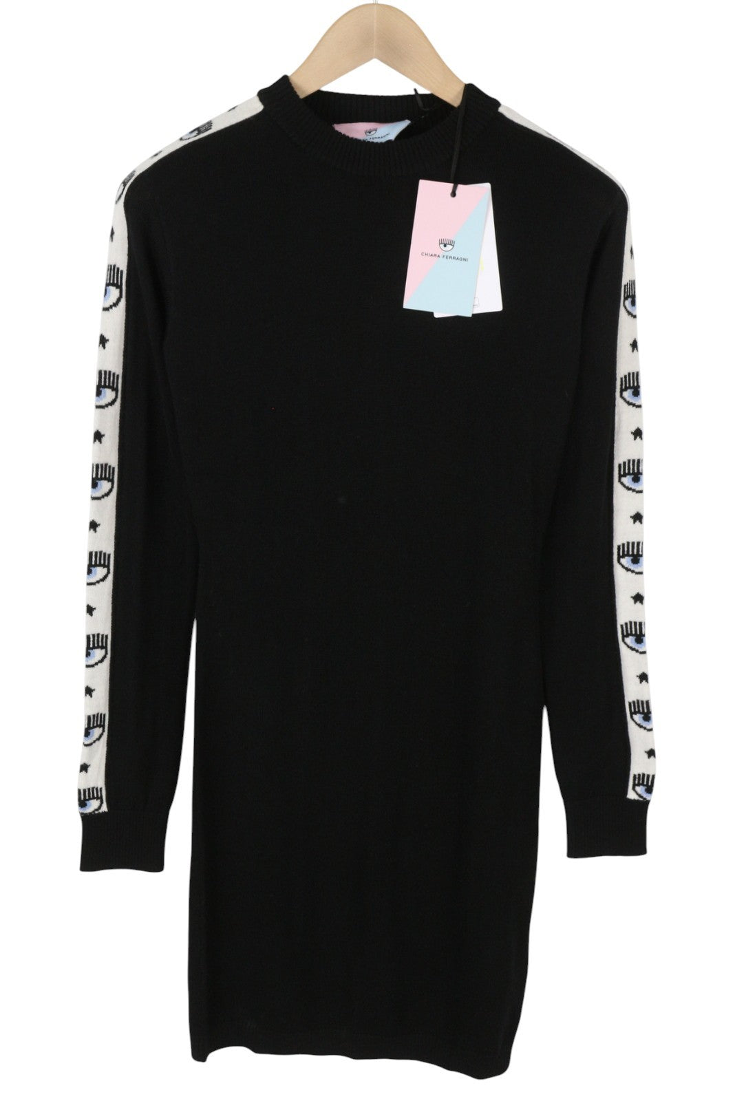 CHIARA FERRAGNI Logomania Tape Women Dress L Black Wool Blend Knit Logo RRP297