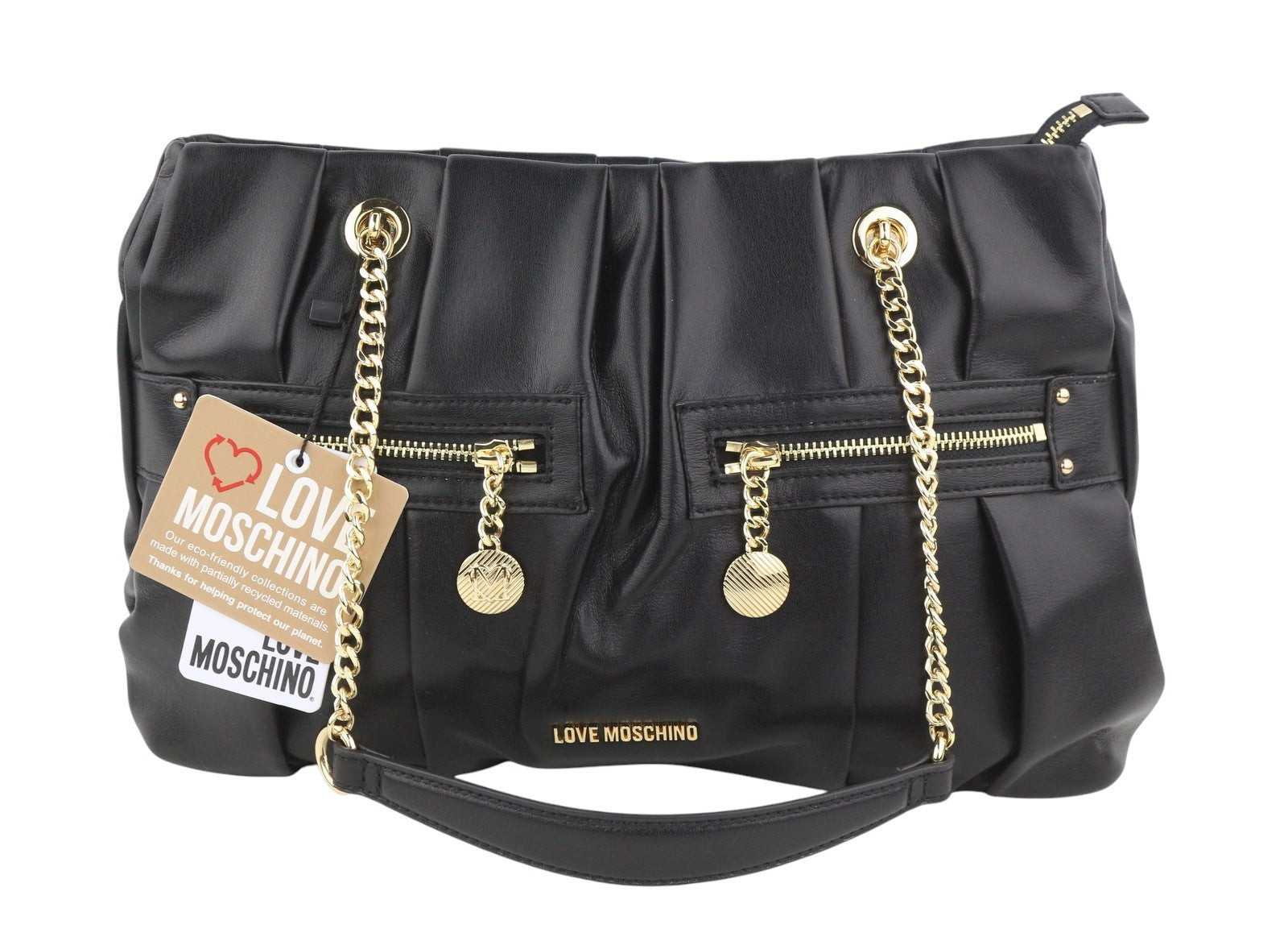 LOVE MOSCHINO Borsa PU Grs Nero Women Bag OS Gold Tone Double Handles RRP219