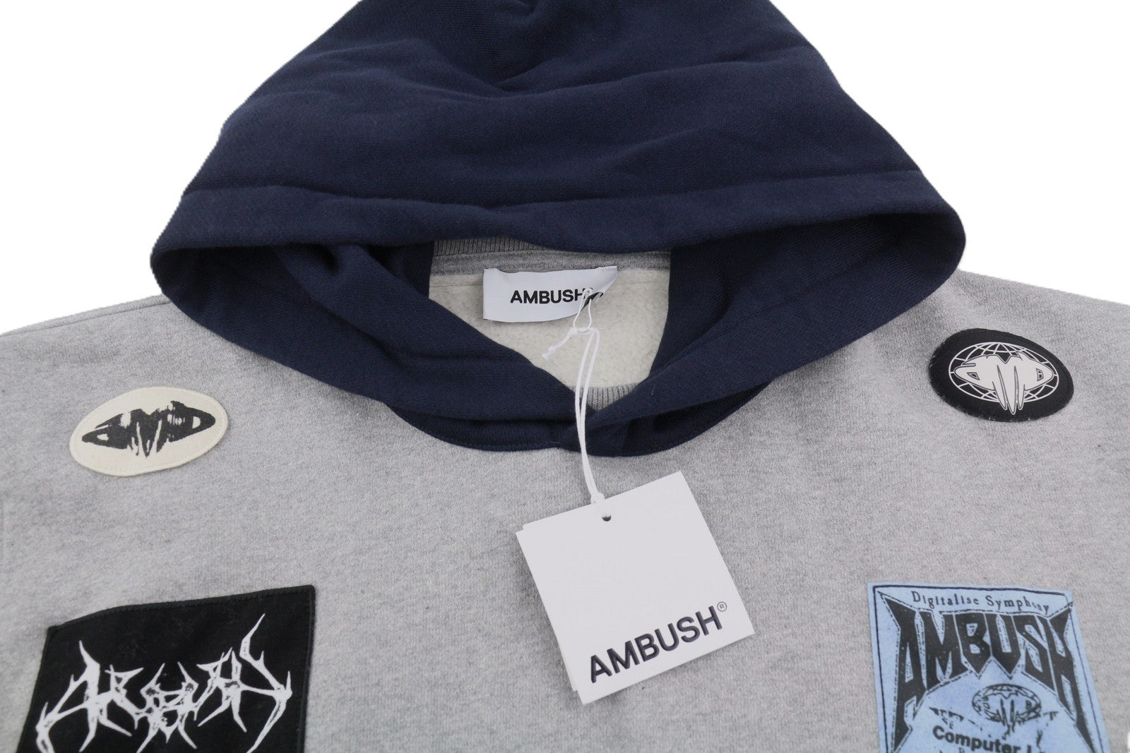 AMBUSH Logo-Patchwork Cotton Men Hoodie XL Grey Melange Kangaroo Pocket RRP845