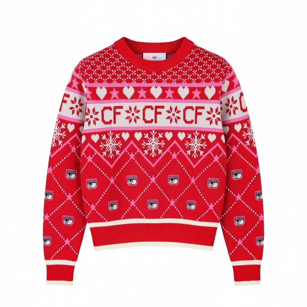 CHIARA FERRAGNI Norway Women Jumper S Red Wool Blend Tight-Knit Christmas Print