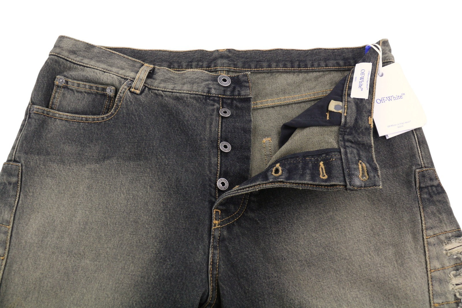 OFF-WHITE Men Jeans W32 Black Distress Faded Button Fly Regular Fit AW25