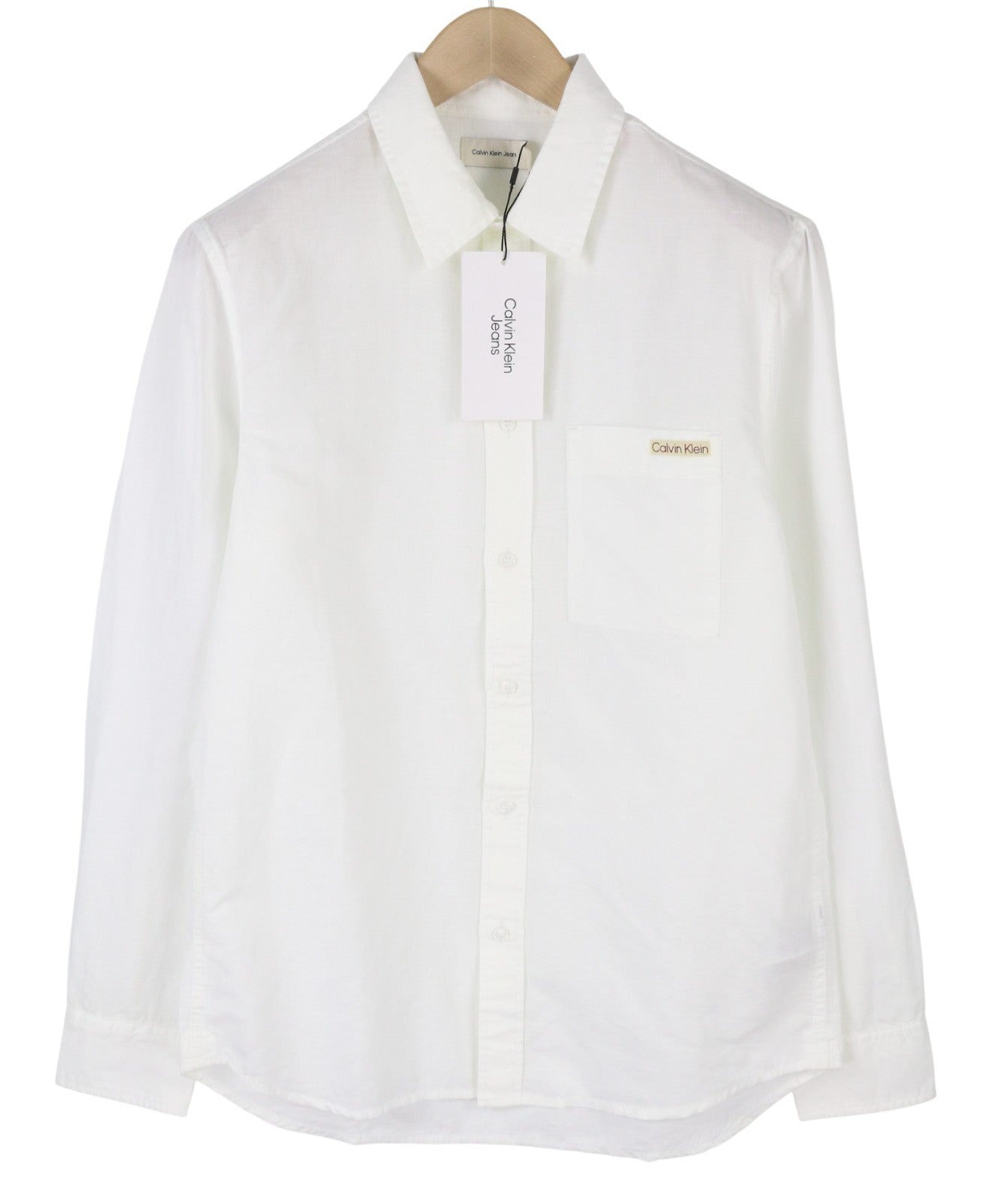 CALVIN KLEIN Men Shirt M White Linen Blend Spread Neck Button-Up Patch Pocket