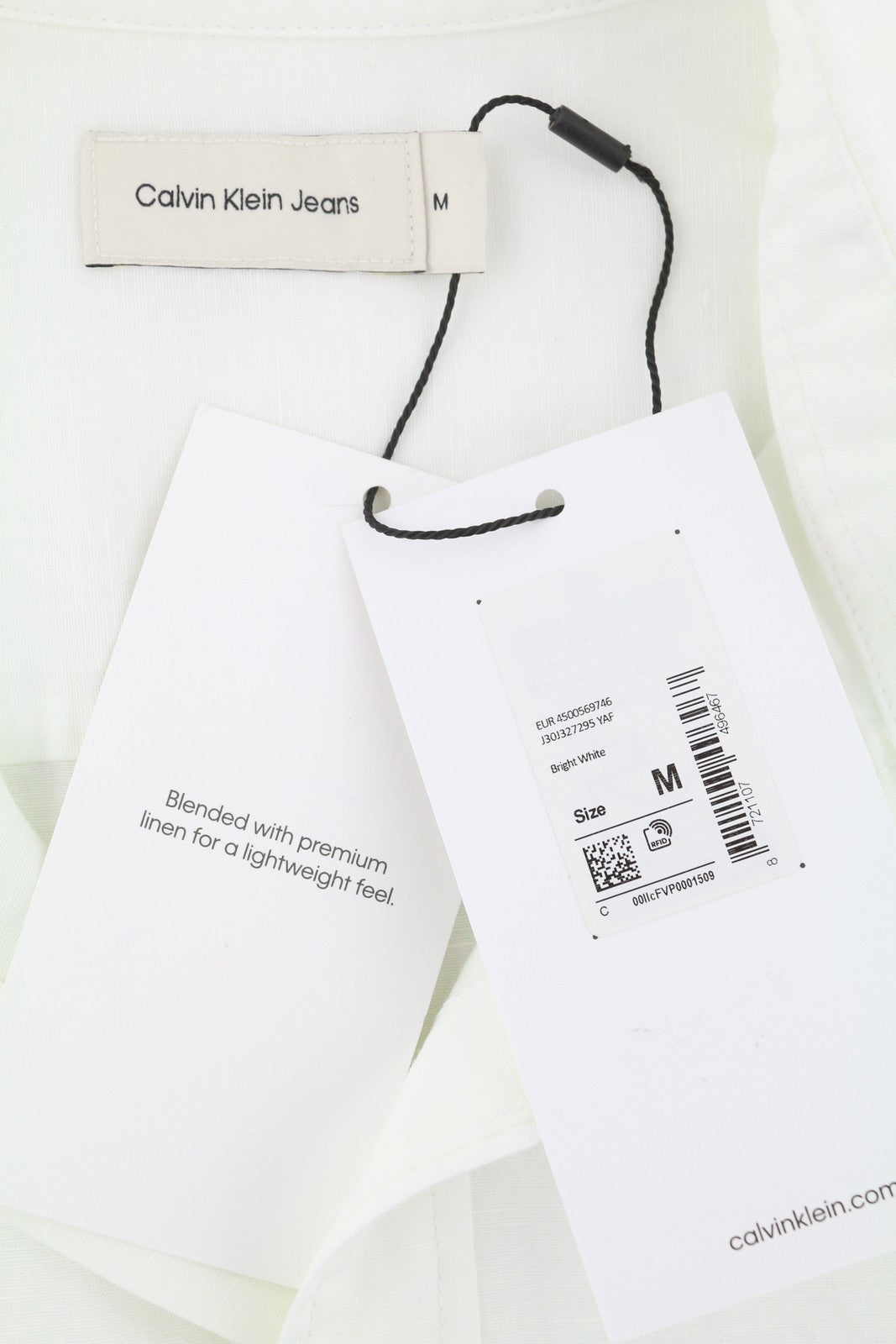 CALVIN KLEIN Men Shirt M White Linen Blend Spread Neck Button-Up Patch Pocket