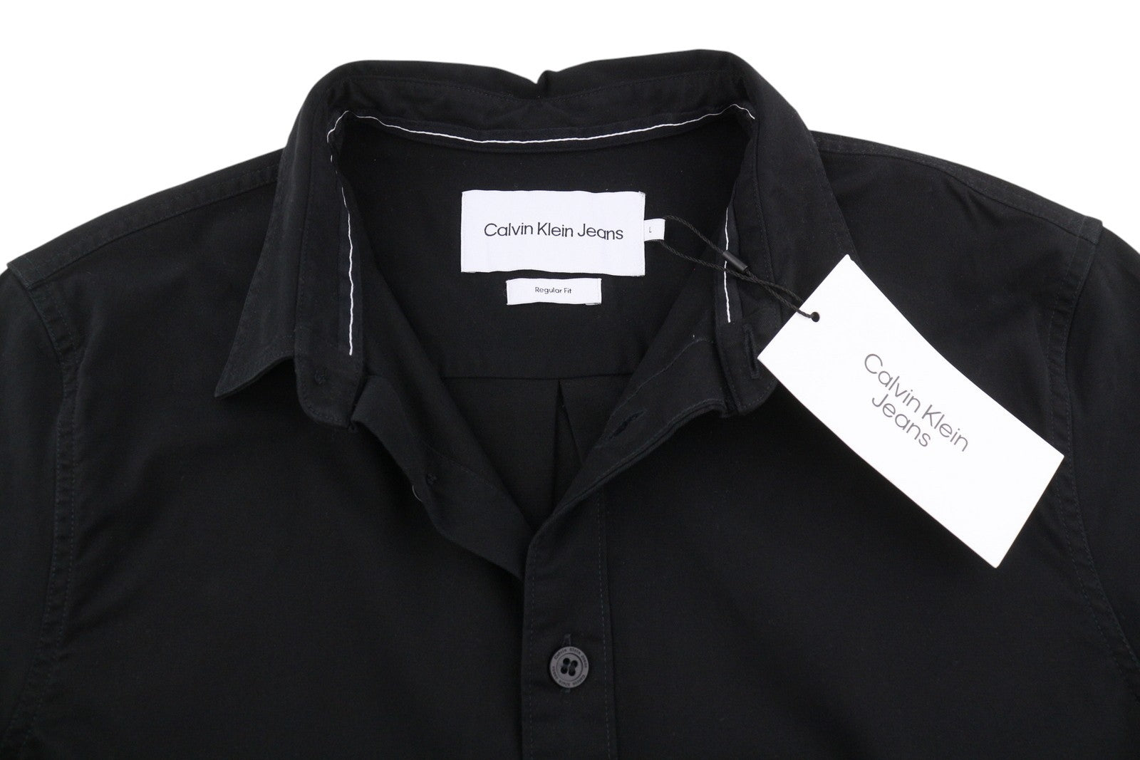 CALVIN KLEIN Men Shirt L Black Regular Fit Spread Neck Button-Up Dark Casual