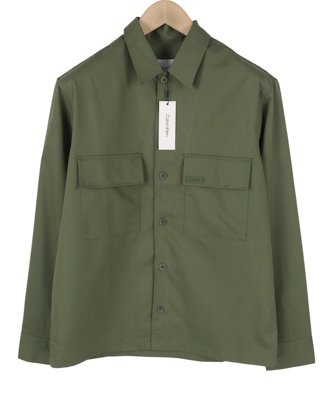 CALVIN KLEIN Minimal Twill Tail Men Shirt S Green Spread Patch Pocket Overshirt