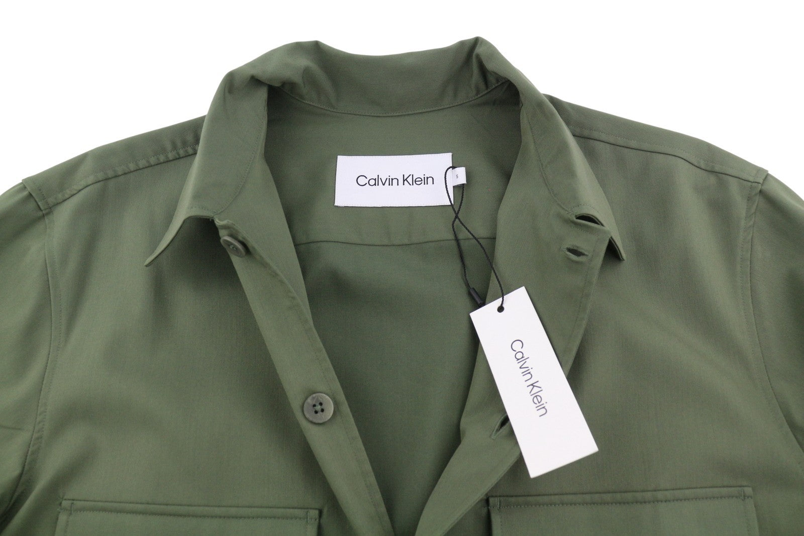 CALVIN KLEIN Minimal Twill Tail Men Shirt S Green Spread Patch Pocket Overshirt