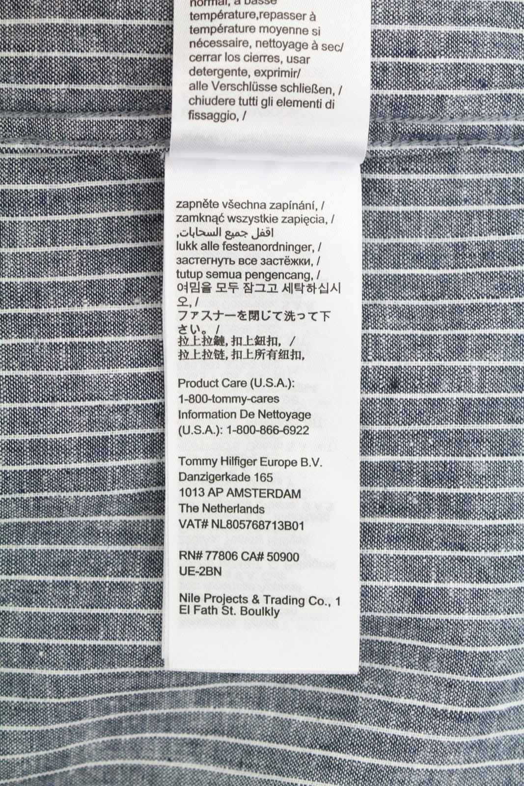 TOMMY HILFIGER Linen Mix Men Shirt L Blue Mandarin Neck Striped Button-Up Casual