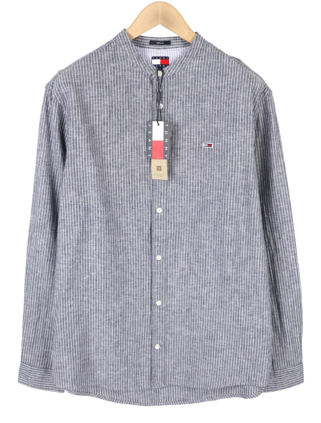 TOMMY HILFIGER Linen Mix Men Shirt L Blue Mandarin Neck Striped Button-Up Casual