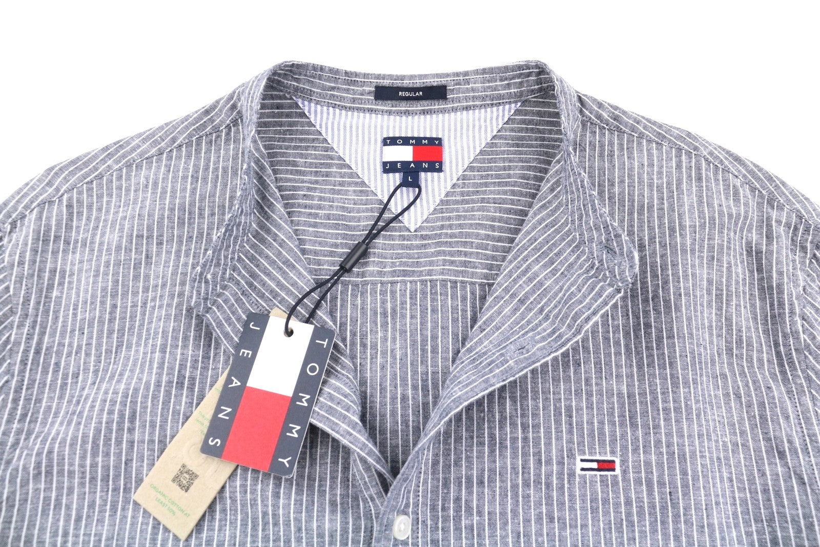 TOMMY HILFIGER Linen Mix Men Shirt L Blue Mandarin Neck Striped Button-Up Casual