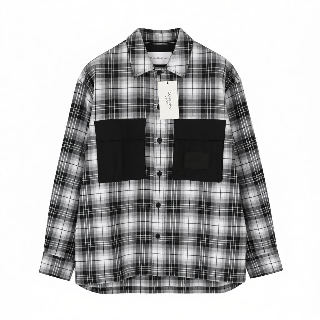 CALVIN KLEIN Men Shirt L Flannel Plaid Patch Pockets Spread Neck Logo Casual