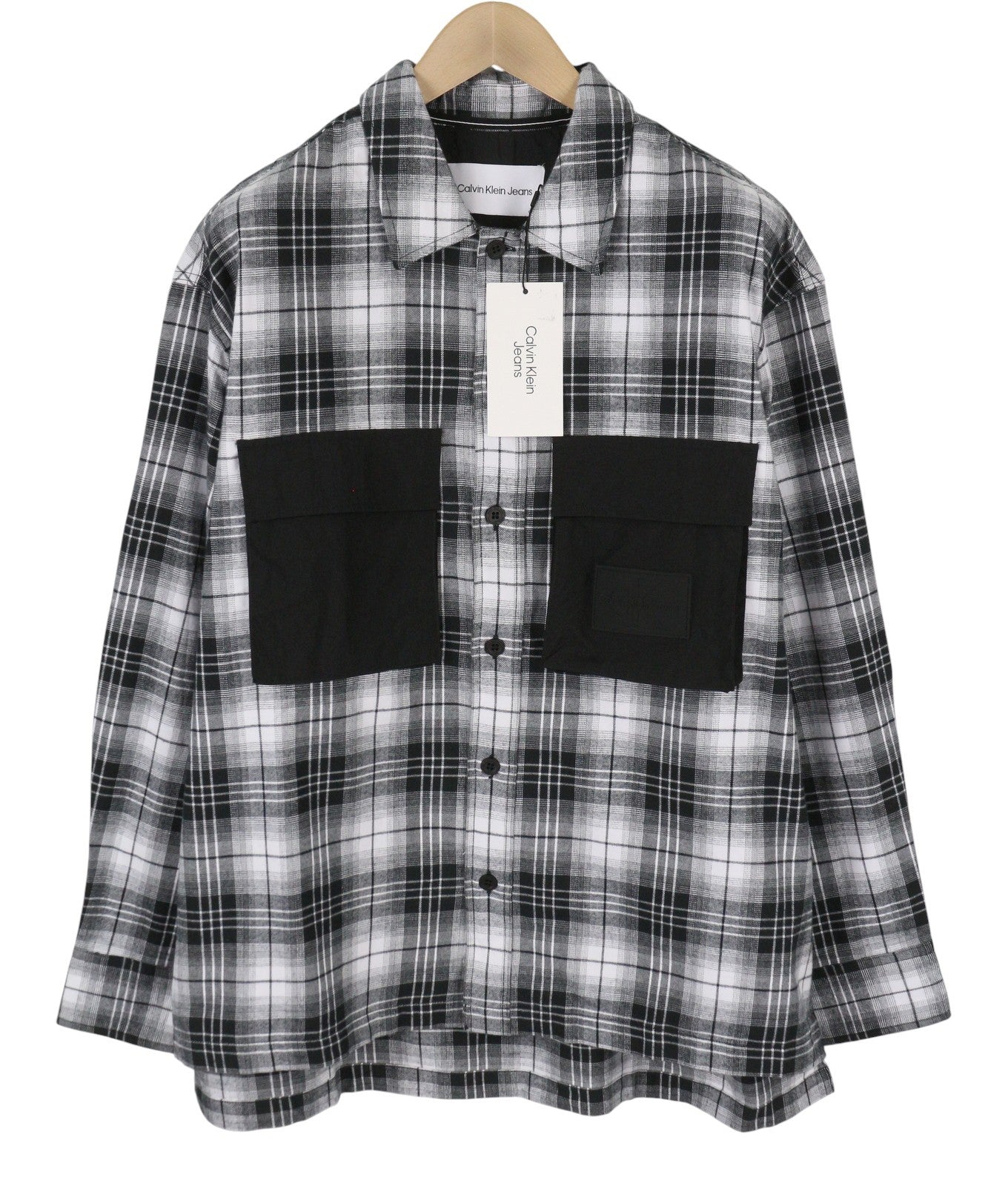 CALVIN KLEIN Men Shirt L Flannel Plaid Patch Pockets Spread Neck Logo Casual