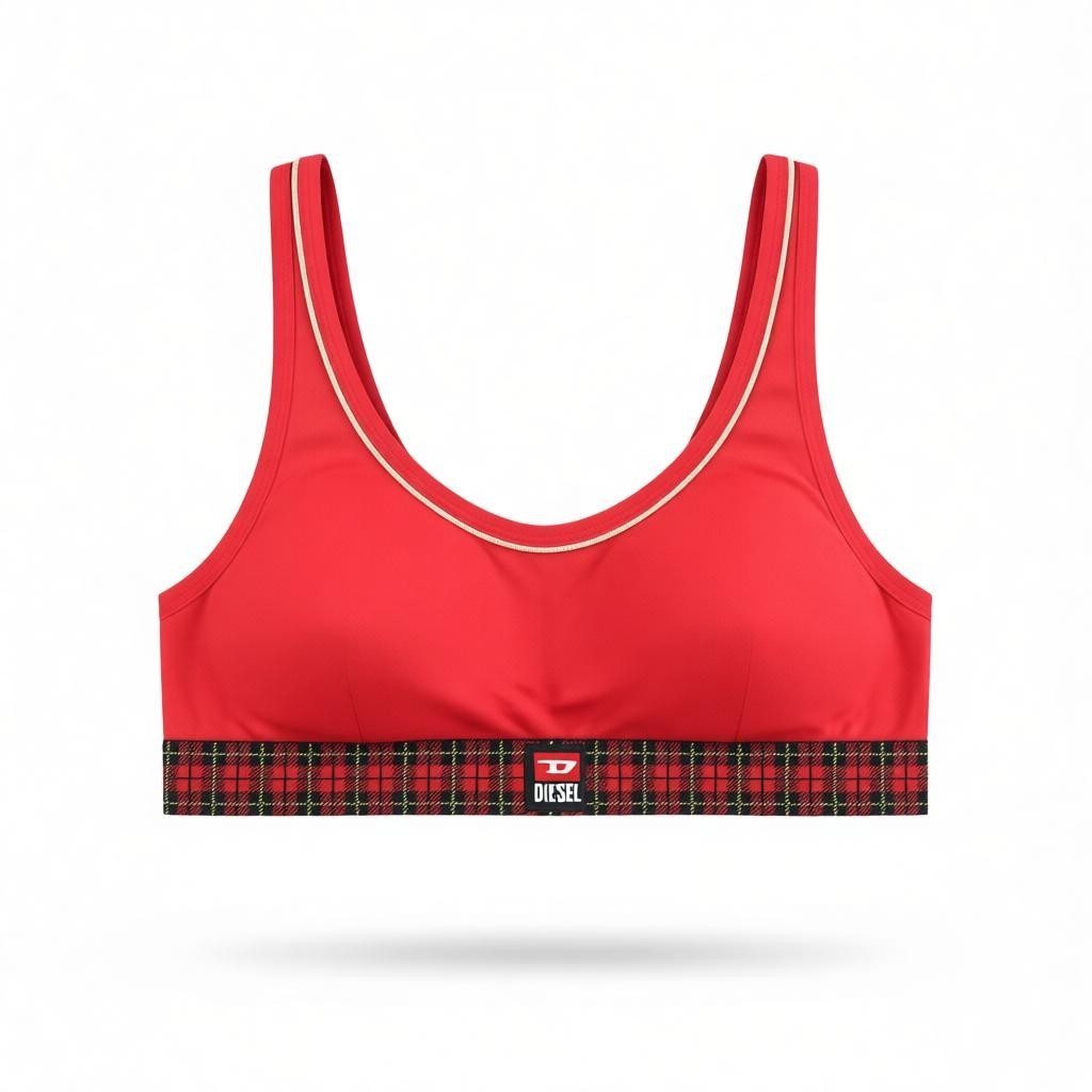 DIESEL Ufsb-Lizzys Women's Bra S Red Tartan Sleeveless Logo Round Neck Top