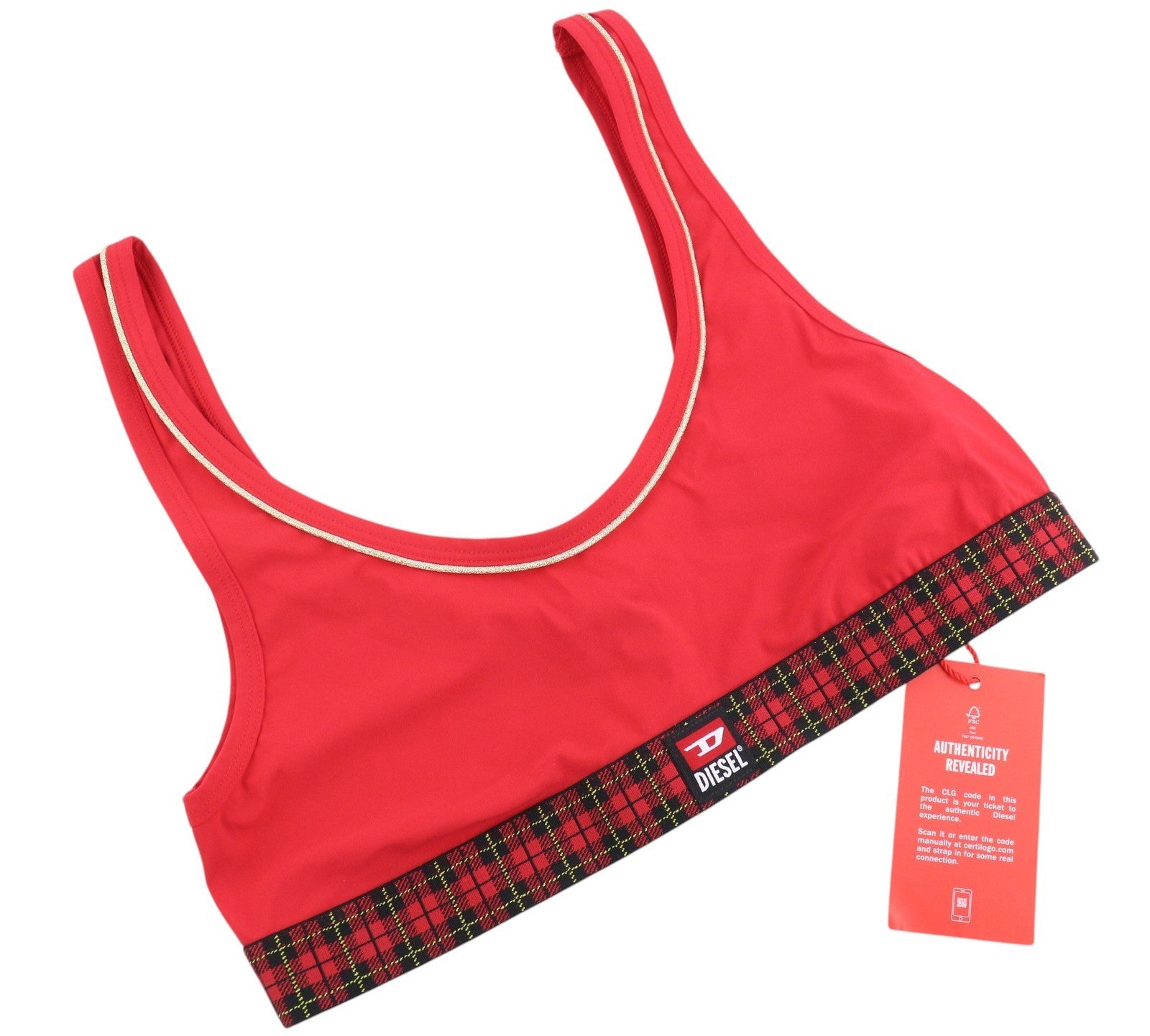 DIESEL Ufsb-Lizzys Women's Bra S Red Tartan Sleeveless Logo Round Neck Top