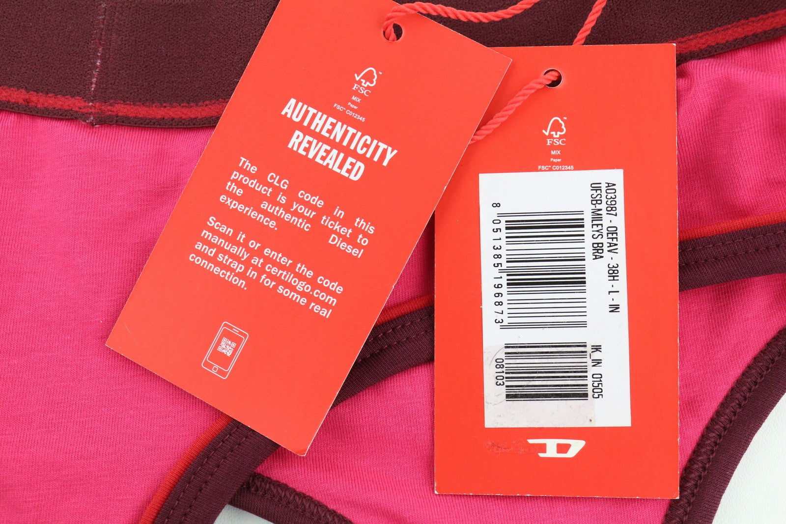 DIESEL Ufsb-Mileys Women's Sports Bra L Pink Stretchy Logo Activewear Top