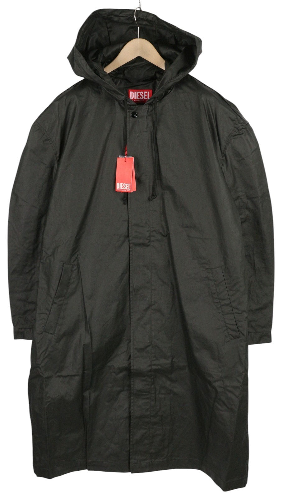 DIESEL J-Coat Men's Jacket 54 Black Coated Look Hooded Light Unlined Zip RRP375