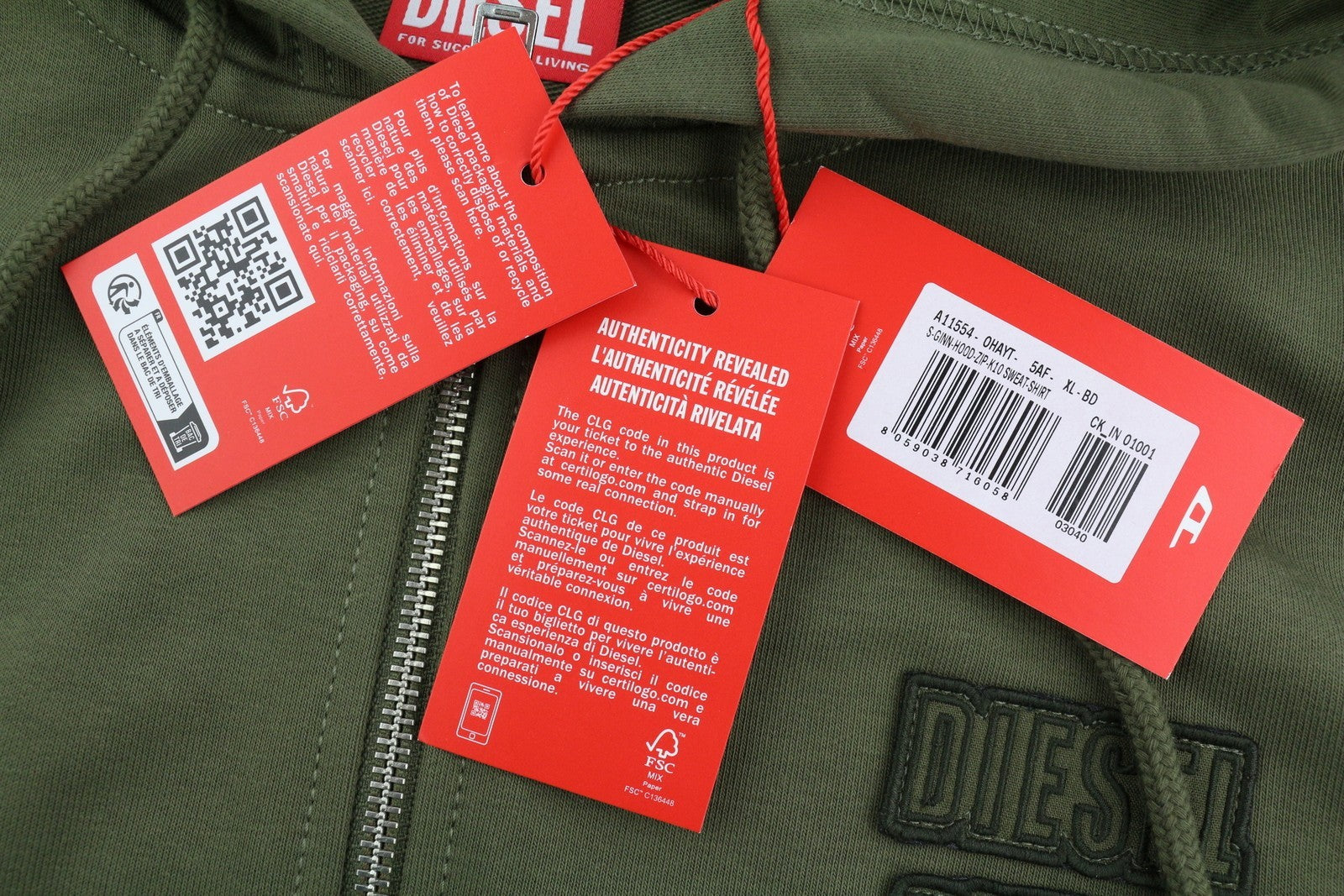 DIESEL S-Ginn-Hood-Zip-K10 Men's Hoodie XL Green Full-Zip Cotton Pockets RRP160