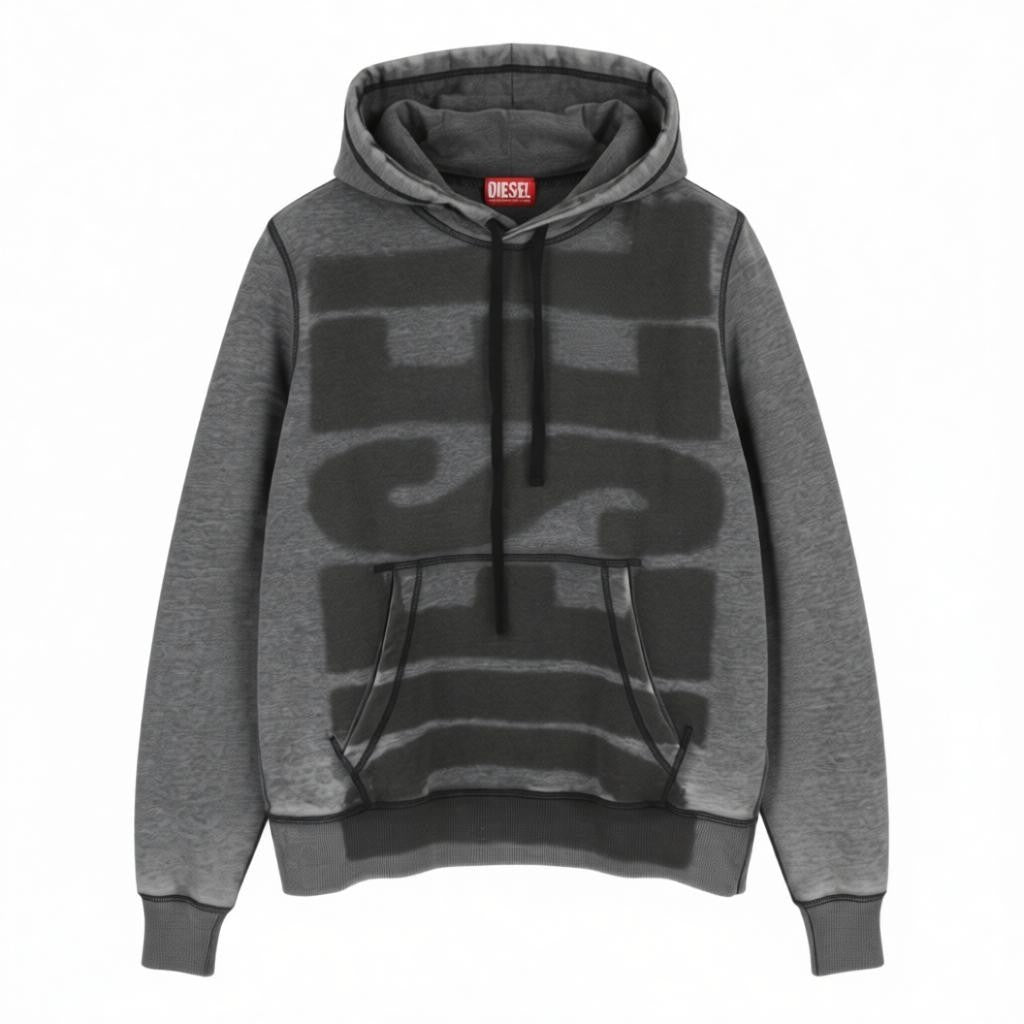 DIESEL S-Ginn-Hood-L1 Men Hoodie L Grey Washed Pullover Kangaroo Pocket RRP250