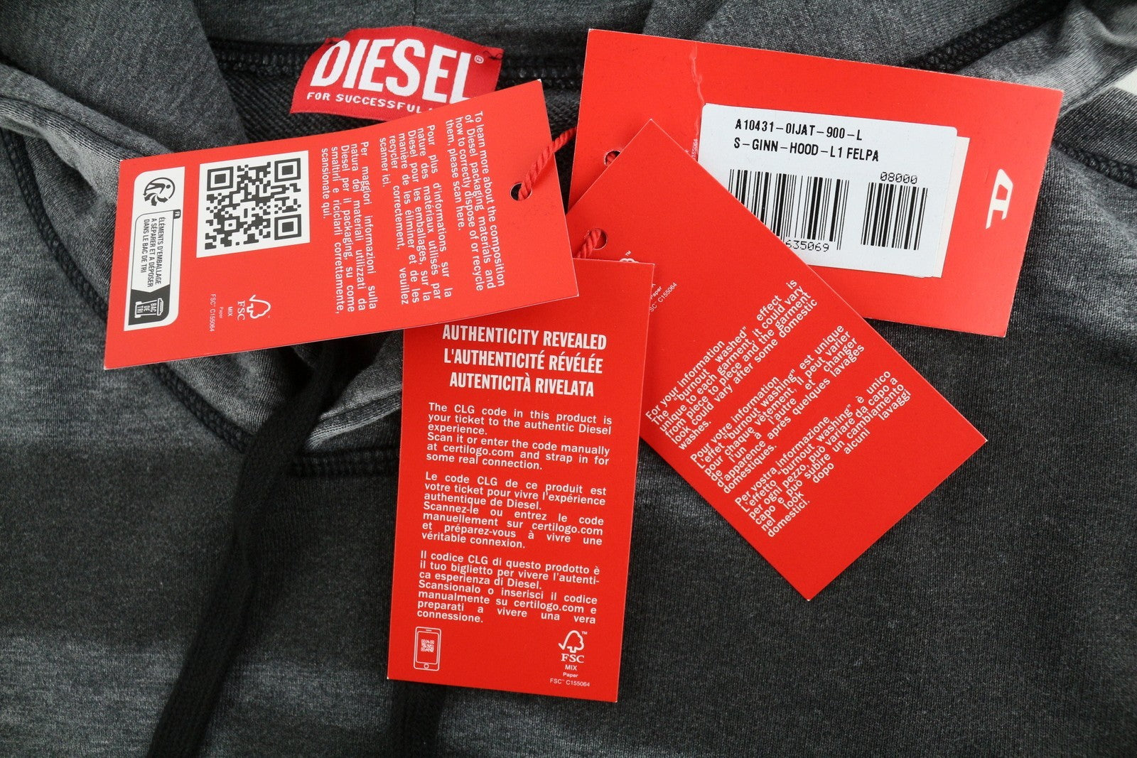 DIESEL S-Ginn-Hood-L1 Men Hoodie L Grey Washed Pullover Kangaroo Pocket RRP250