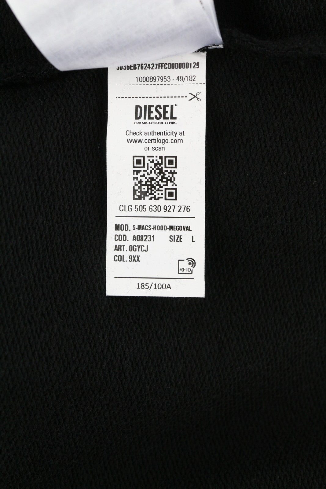 DIESEL S-Macs-Hood-Megoval Men Hoodie L Black Pullover Hooded Pocket RRP250