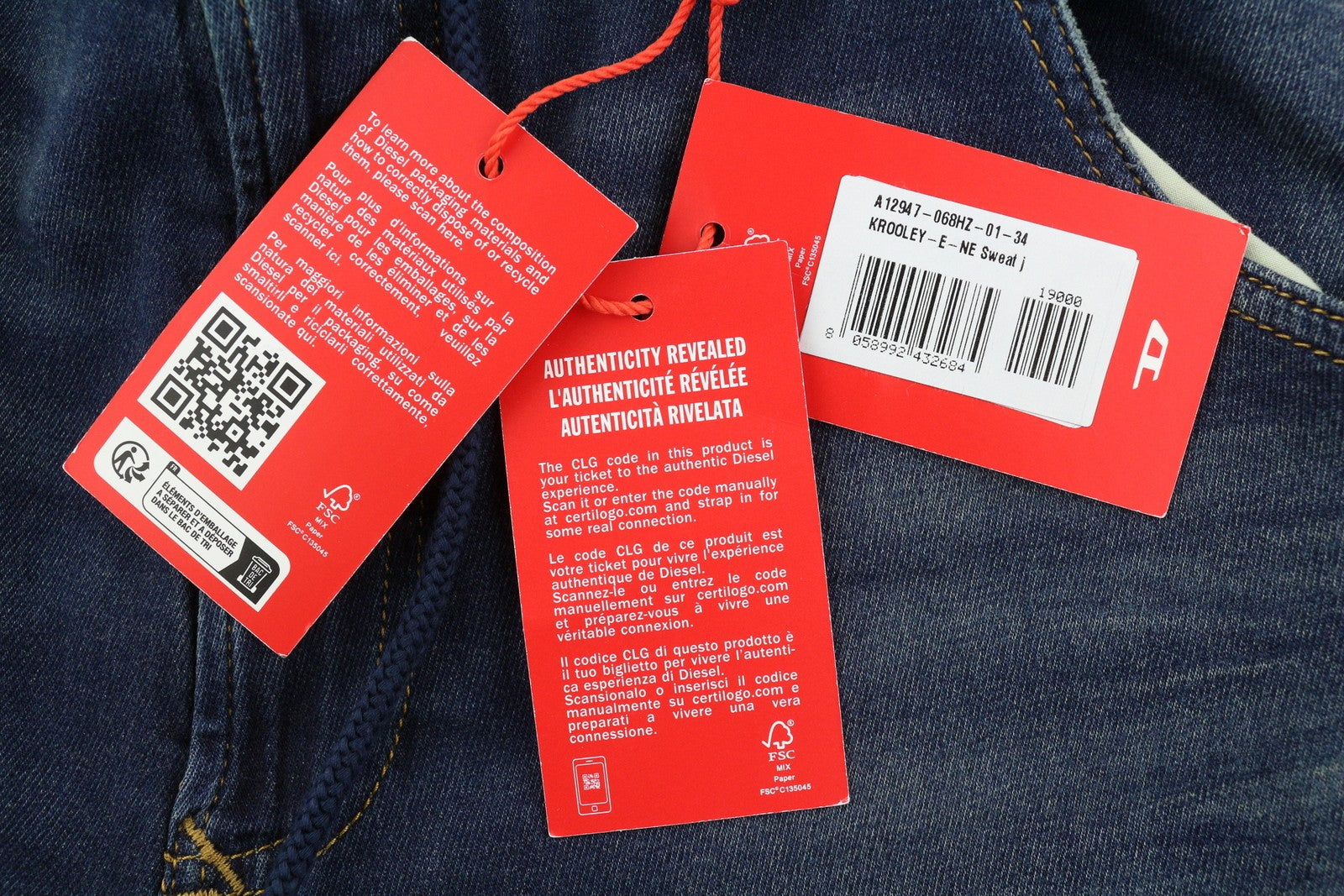 DIESEL Krooley-E-Ne 068HZ Men Jeans W34 Jogg Waist Drawstring Faded Blue RRP295