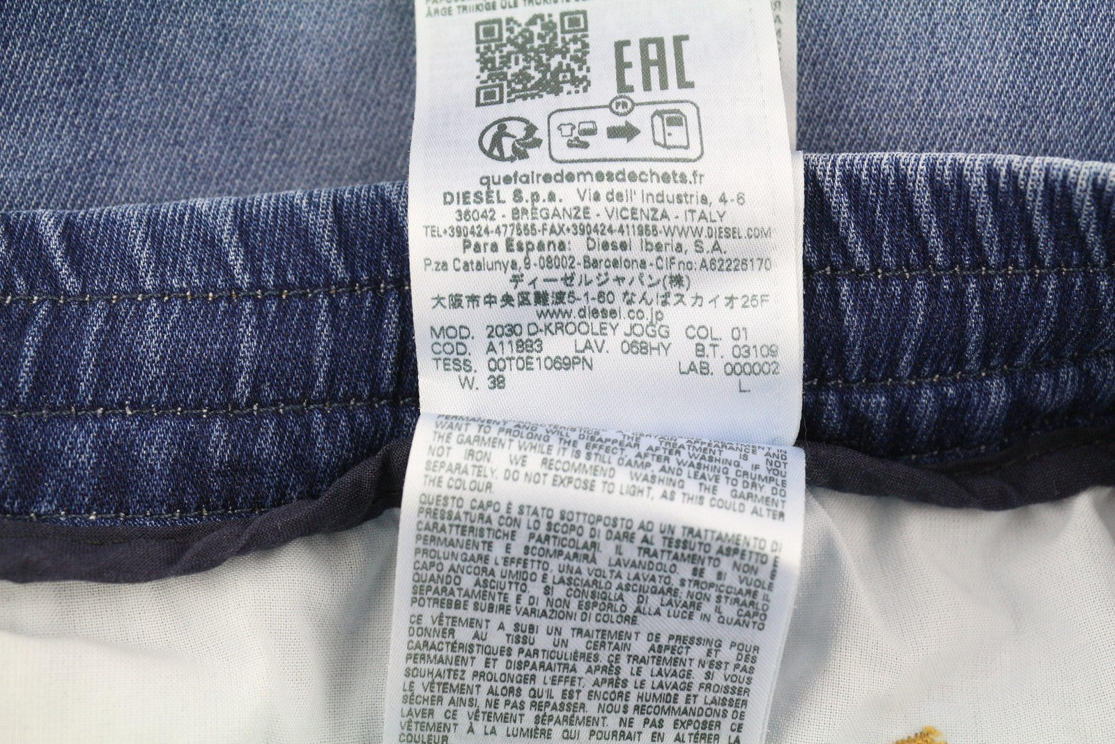 DIESEL 2030 D-Krooley Jogg 068HY Men's Jeans W38 Drawstring Washed Denim RRP295