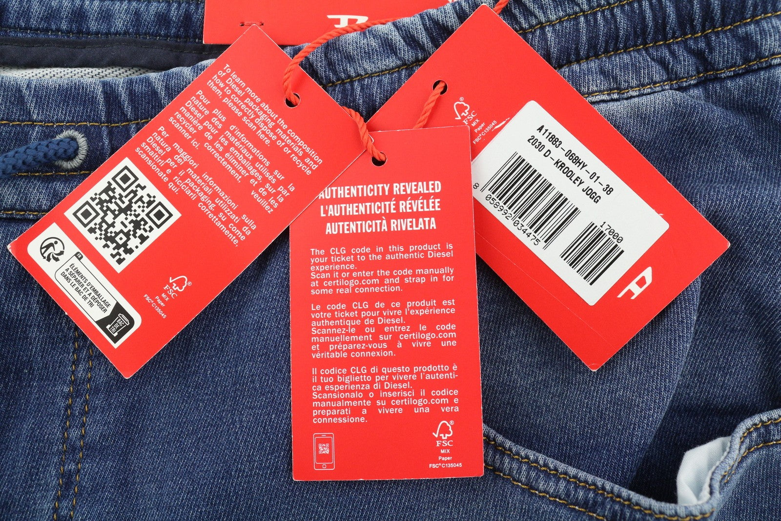 DIESEL 2030 D-Krooley Jogg 068HY Men's Jeans W38 Drawstring Washed Denim RRP295