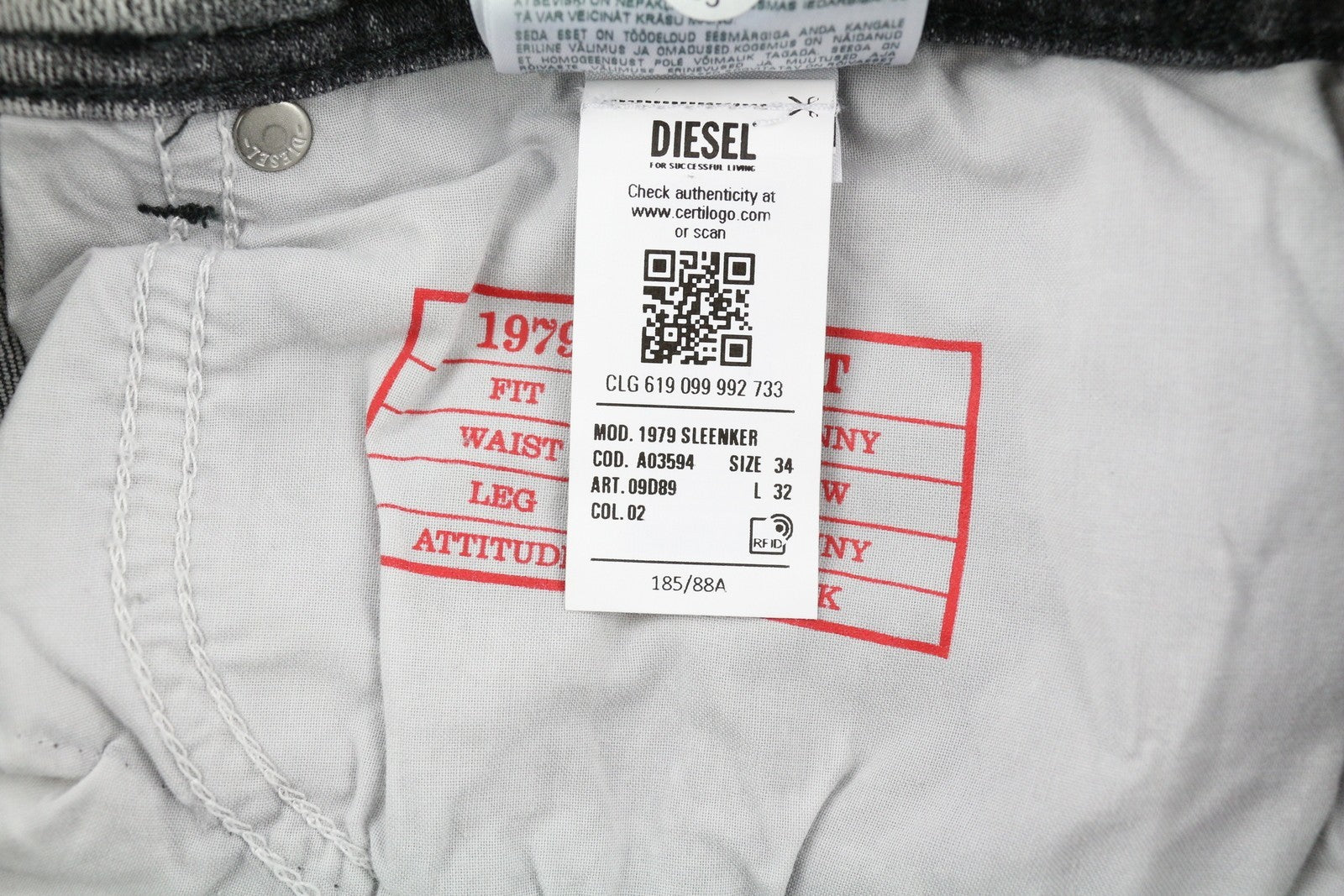 DIESEL 1979 Sleenker 09D89 Men's Jeans W34/L32 Stretch Skinny Fit Grey RRP195