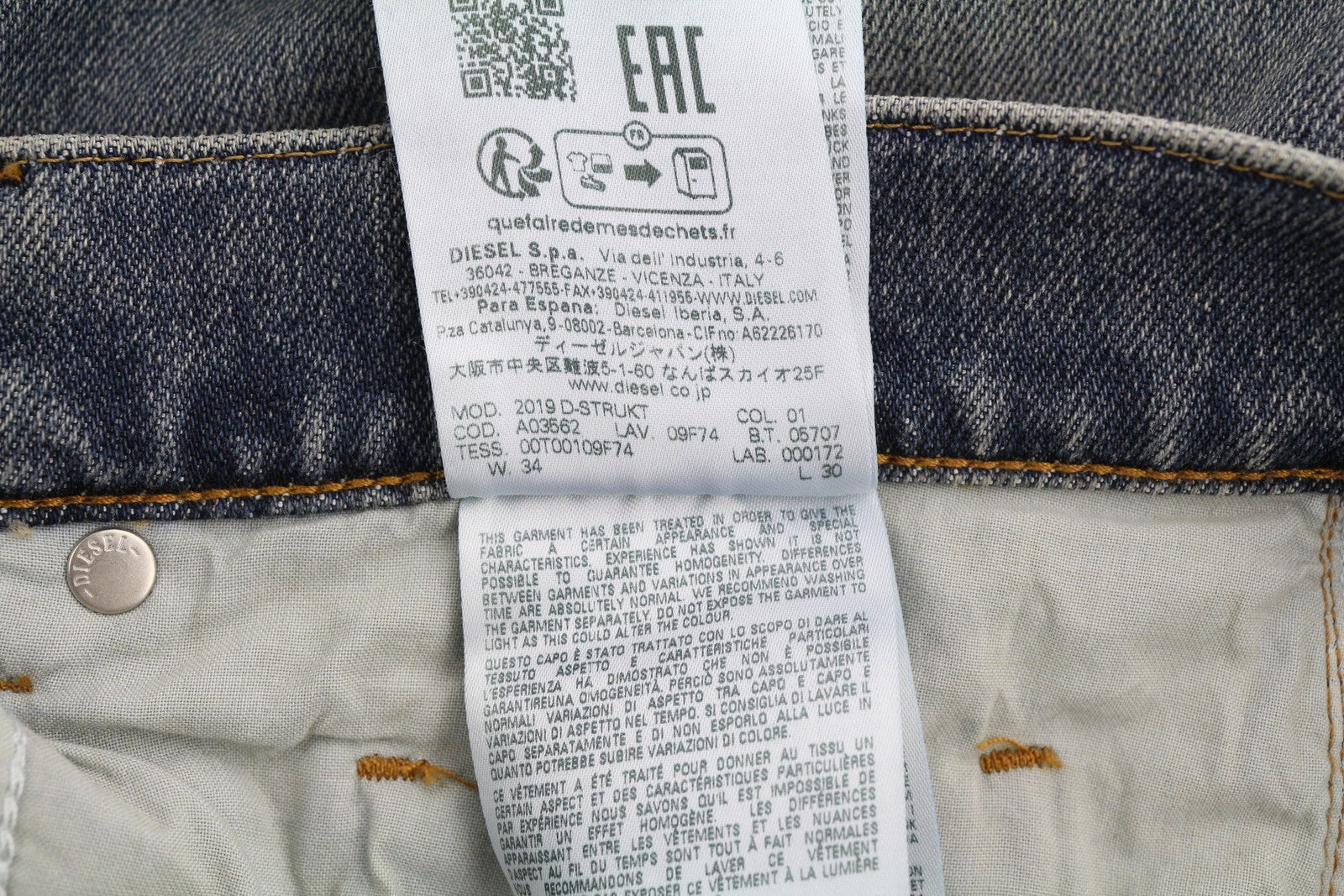 DIESEL 2019 D-Strukt 09F74 Men's Jeans W34/L30 Slim Fit Blue Washed Zip RRP175