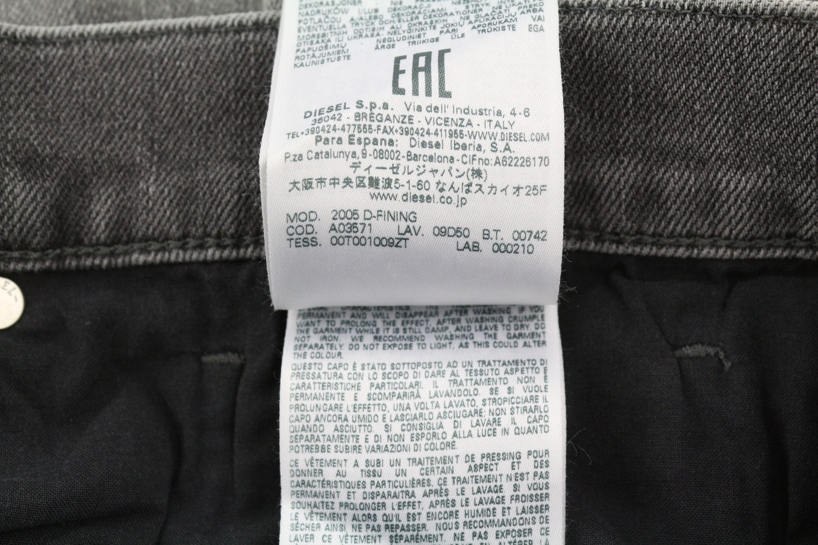 DIESEL 2005 D-Fining 09D50 Men's W36/L32 Grey Button Fly Regular Denim