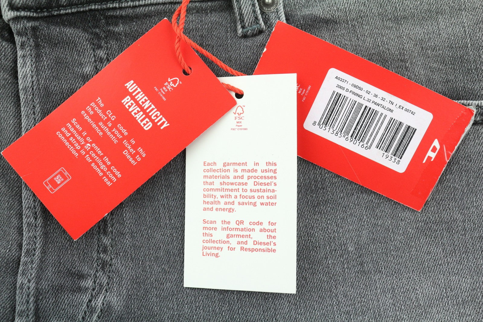 DIESEL 2005 D-Fining 09D50 Men's W36/L32 Grey Button Fly Regular Denim