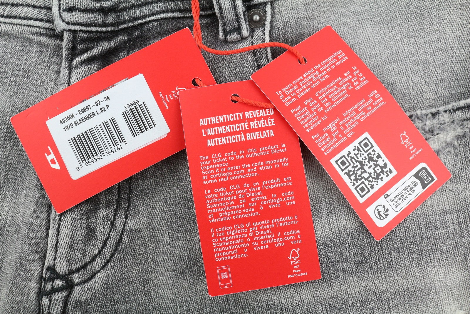 DIESEL 1979 Sleenker E9B97 Men's W34/L32 Skinny Grey Denim Low Waist RRP250