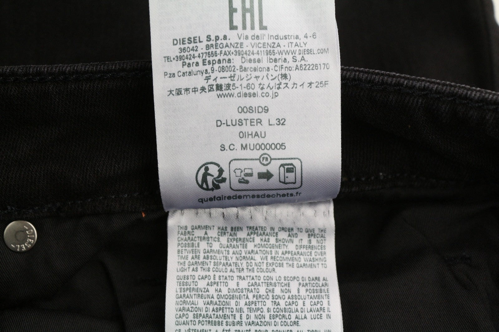 DIESEL D-Luster 0IHAU Men's W32/L32 Slim Black Denim Washed Button Jeans