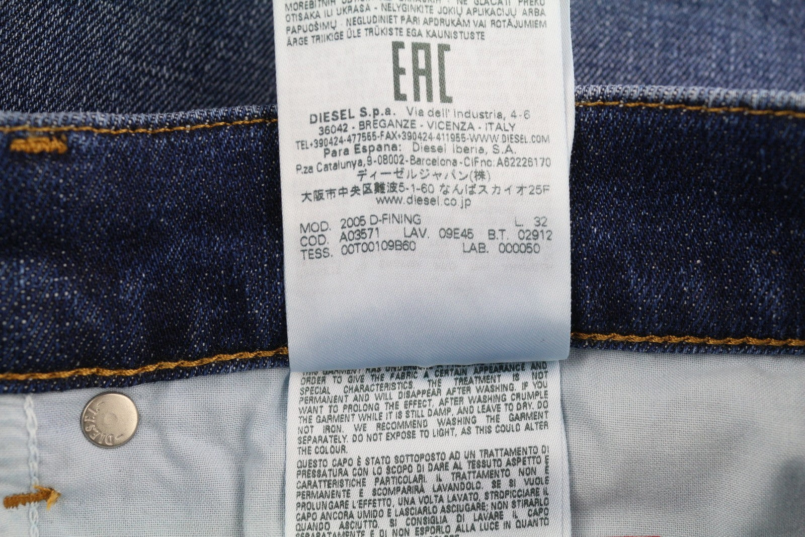 DIESEL 2005 D-Fining 09E45 Men's W36/L32 Blue Washed Regular Distressed RRP175