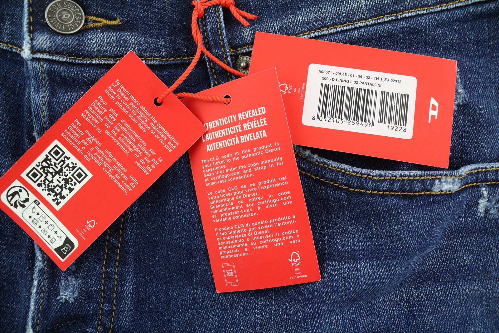 DIESEL 2005 D-Fining 09E45 Men's W36/L32 Blue Washed Regular Distressed RRP175