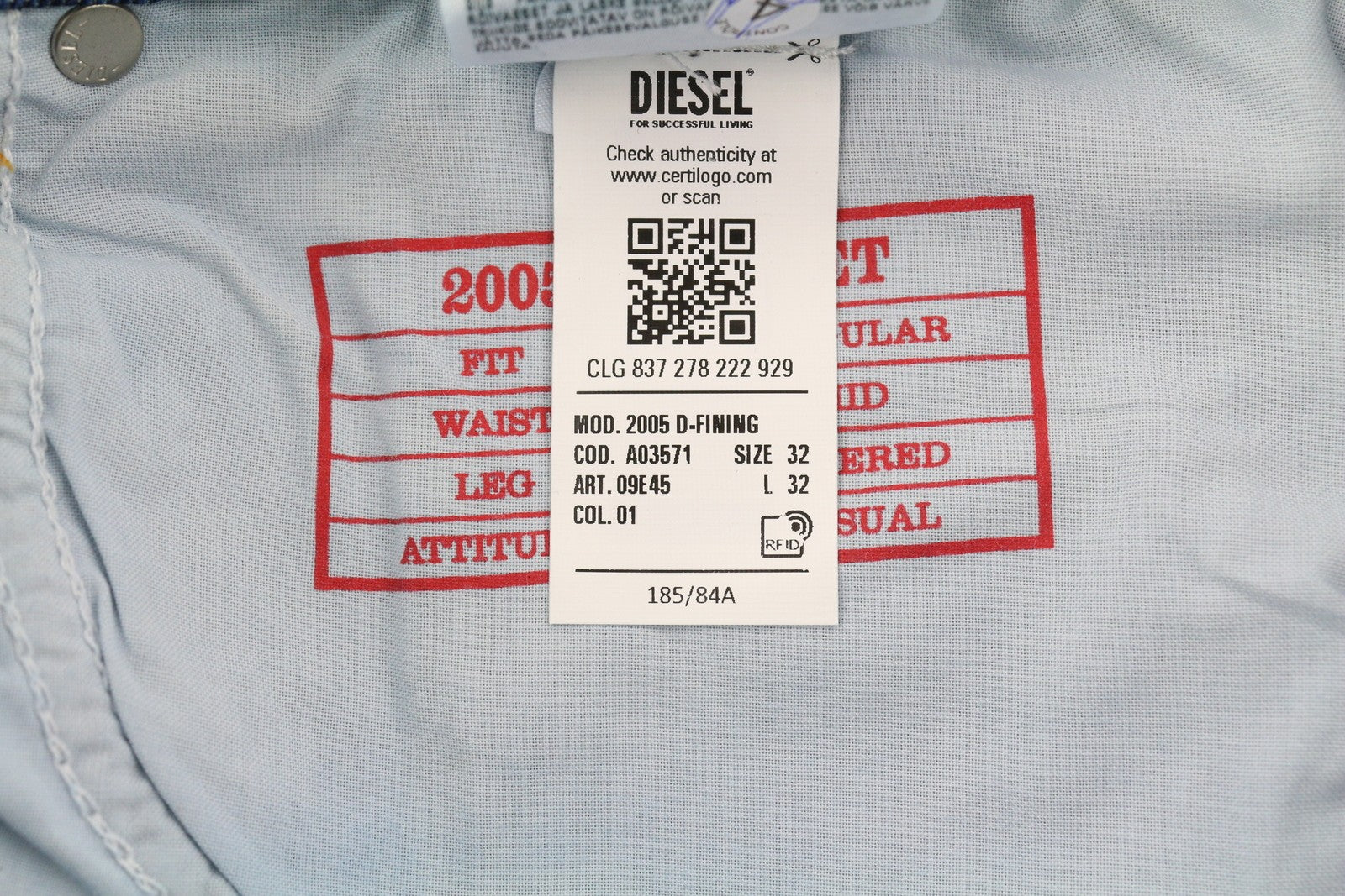 DIESEL 2005 D-Fining 09E45 Men's W32/L32 Washed Blue Regular Distressed RRP175