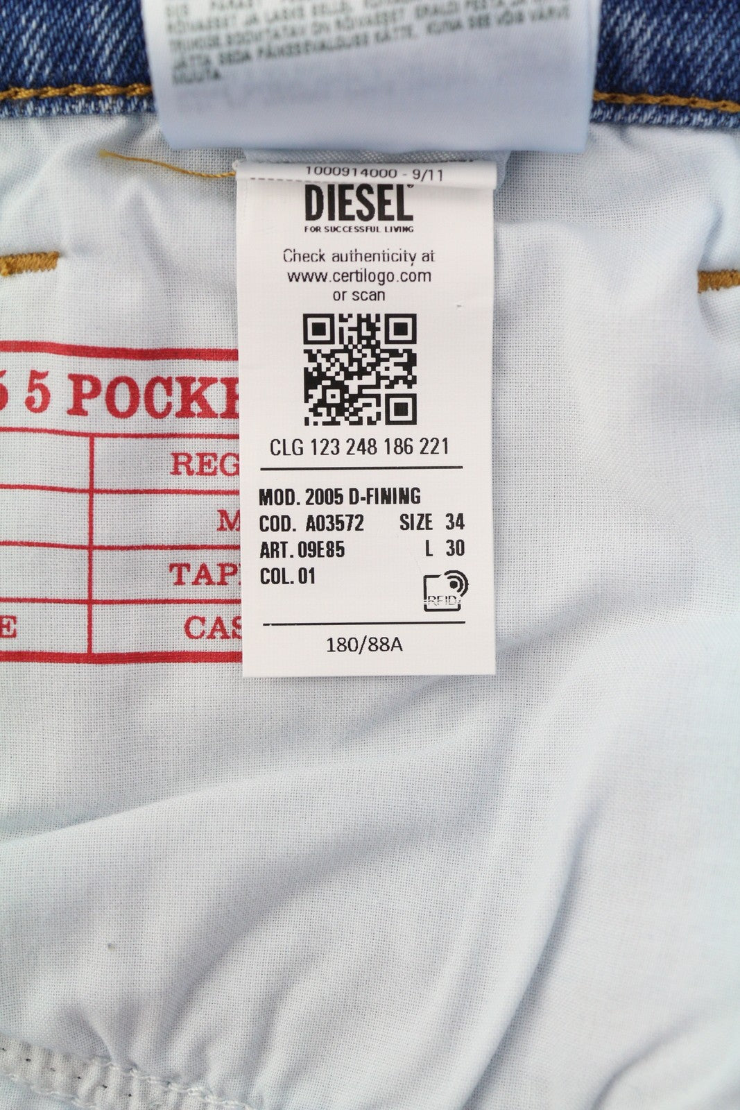 DIESEL 2005 D-Fining 09E85 Men's W34/L30 Blue Washed Tapered Regular RRP295