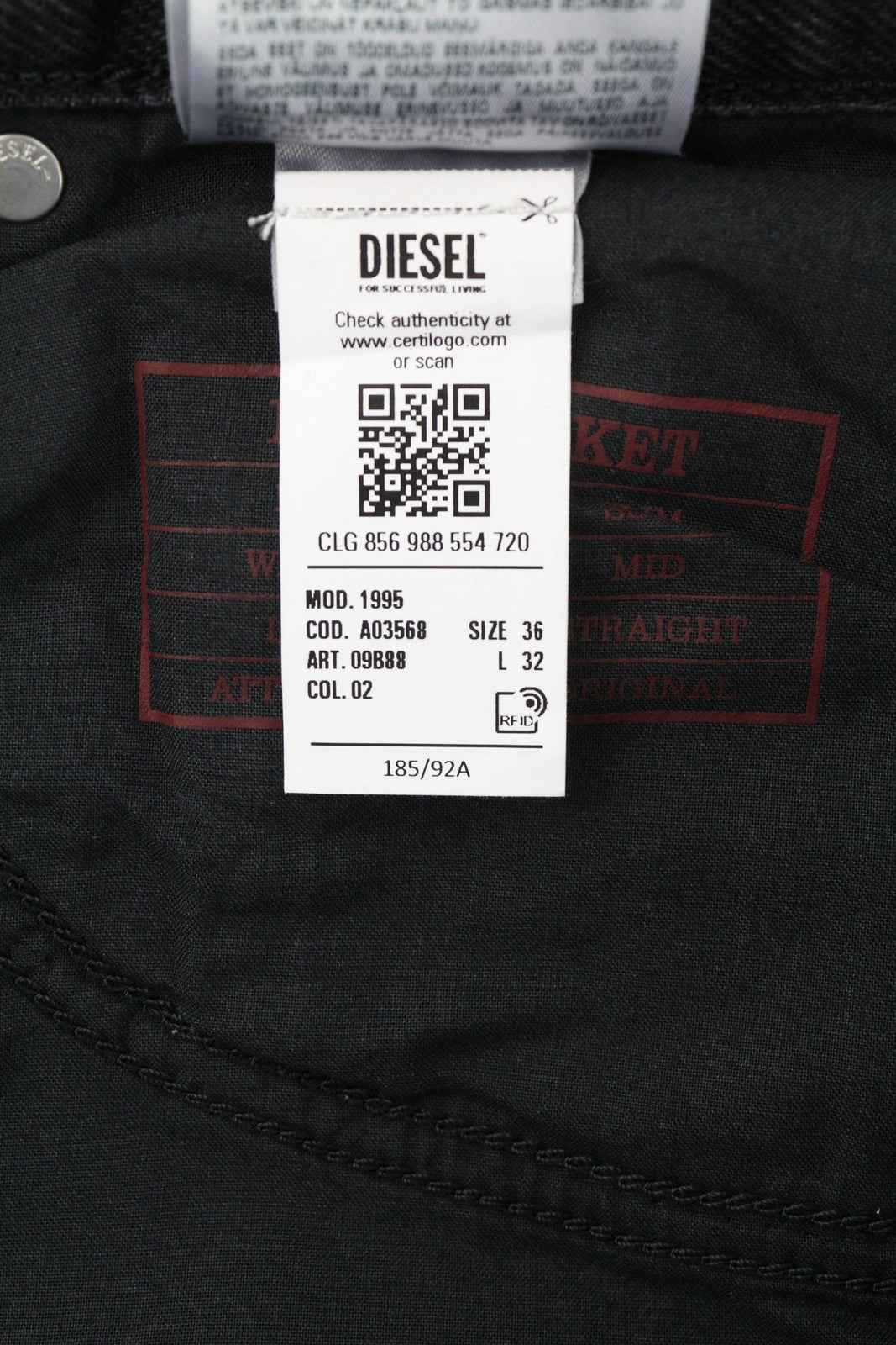 DIESEL 1995 09B88 Men's W36/L32 Slim Straight Black Washed Button Denim RRP185