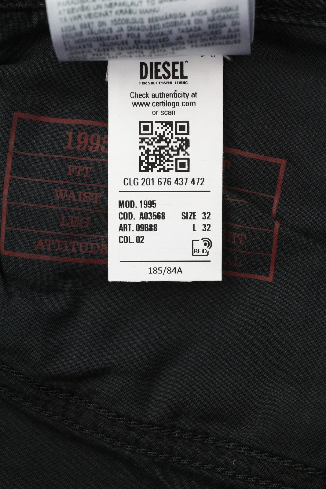 DIESEL 1995 09B88 Men's W32/L32 Slim Black Straight Button Washed Denim RRP185