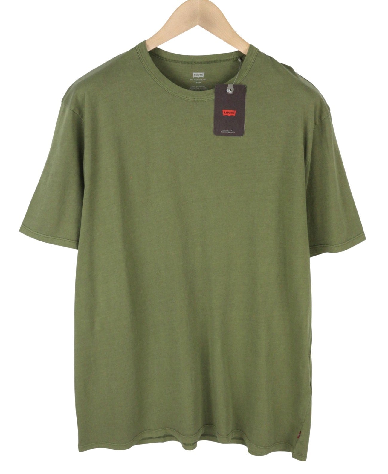 LEVI'S Slim Men T-Shirt XL Khaki Green Tricot Cotton Crew Neck Short Sleeve